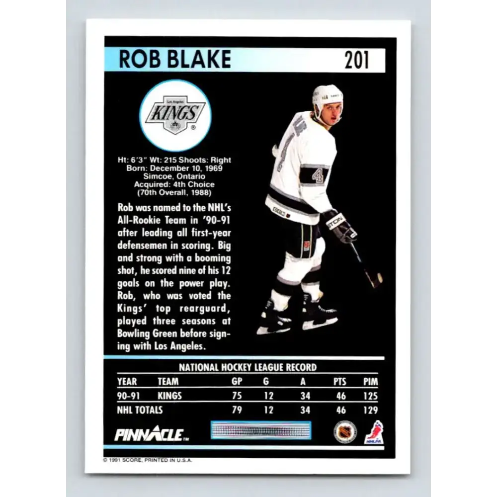 1991-92 Pinnacle #201 Rob Blake NM-MT Los Angeles Kings Hockey Card - Hockey Card Single