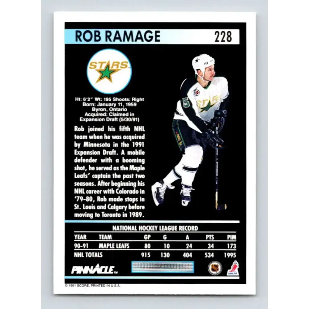 1991-92 Pinnacle #228 Rob Ramage NM-MT Minnesota North Stars Hockey Card - Hockey Card Single