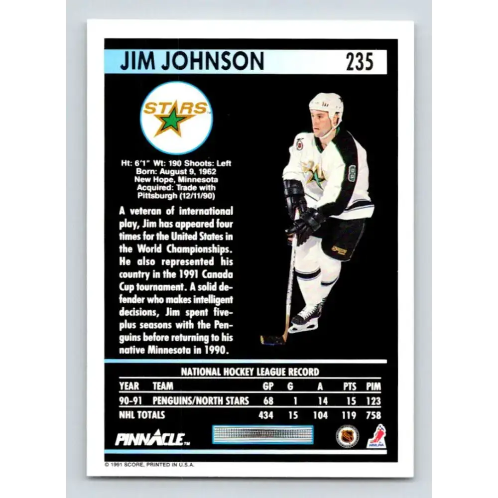 1991-92 Pinnacle #235 Jim Johnson NM-MT Minnesota North Stars Hockey Card - Hockey Card Single