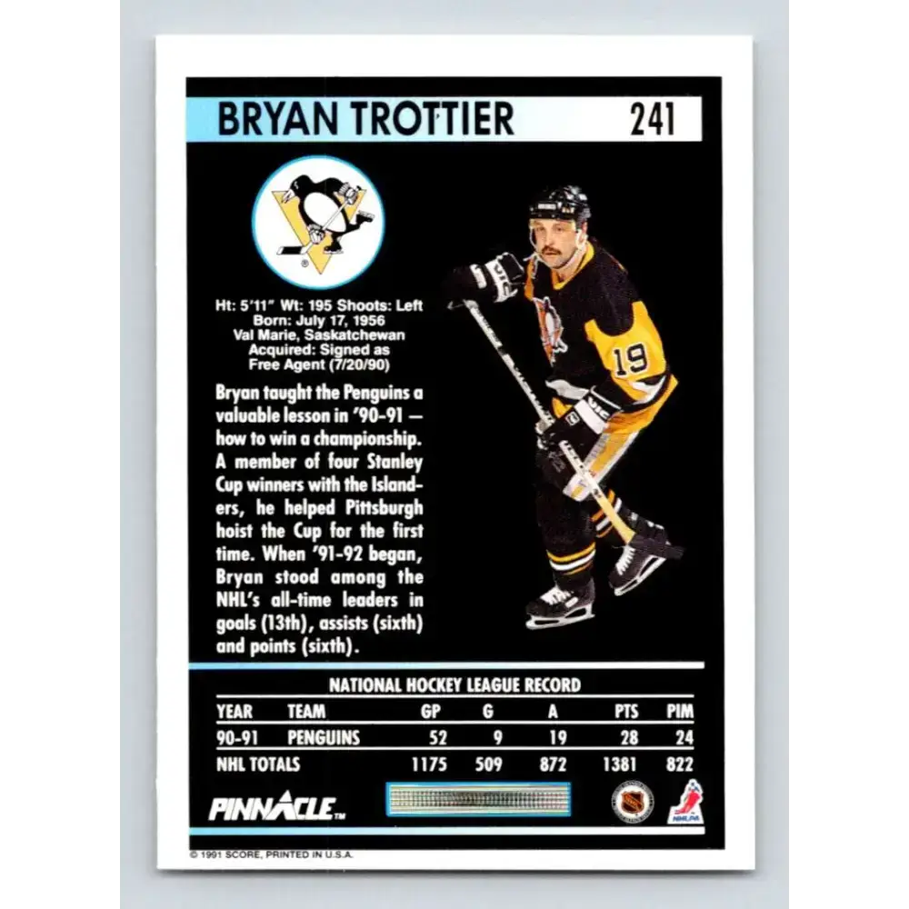 1991-92 Pinnacle #241 Bryan Trottier NM-MT Pittsburgh Penguins Hockey Card - Hockey Card Single