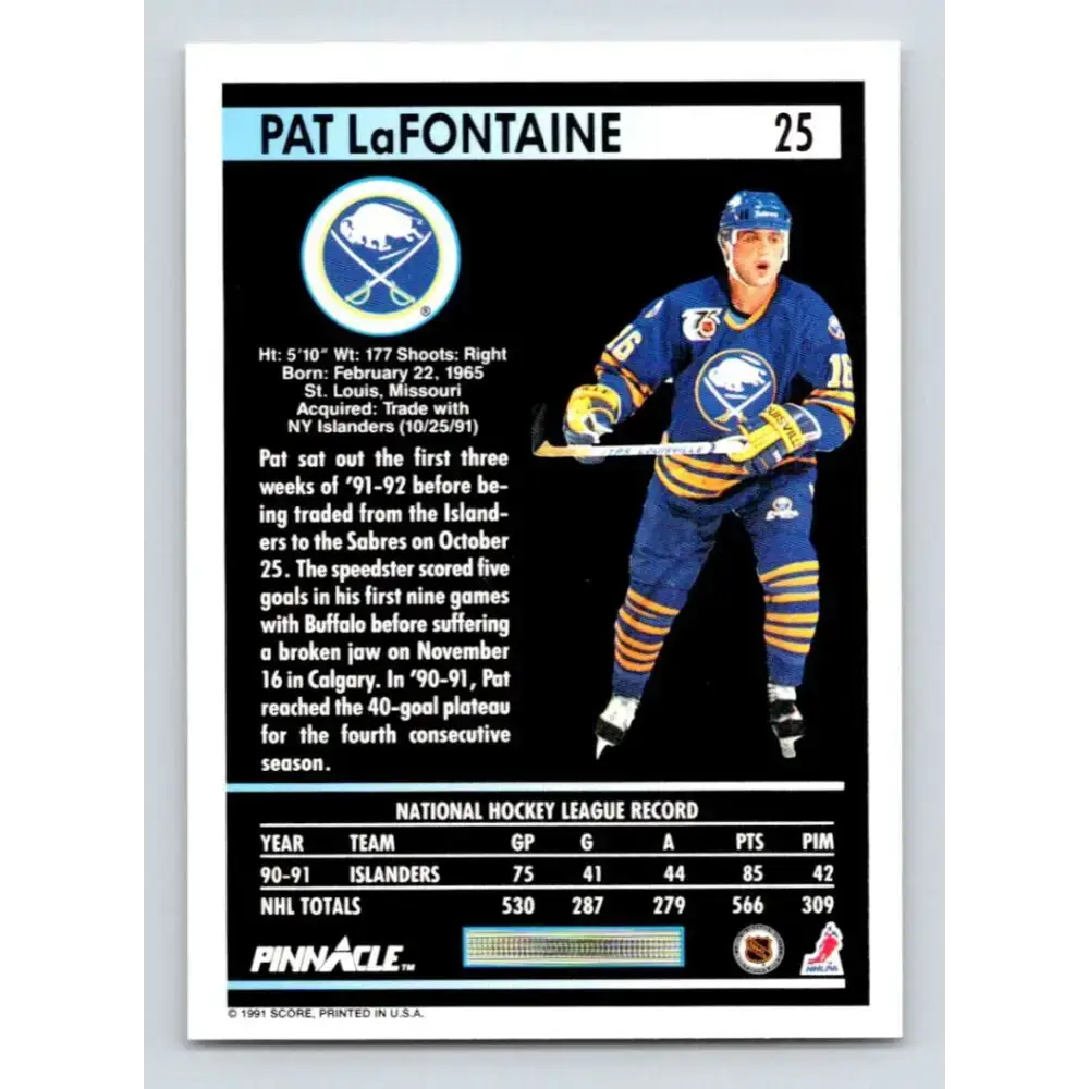 1991-92 Pinnacle #25 Pat LaFontaine NM-MT Buffalo Sabres Hockey Card - Hockey Card Single