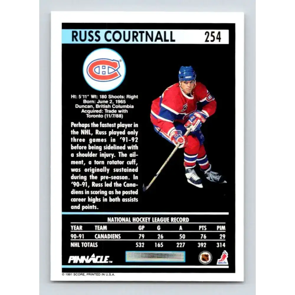 1991-92 Pinnacle #254 Russ Courtnall NM-MT Montreal Canadiens Hockey Card - Hockey Card Single