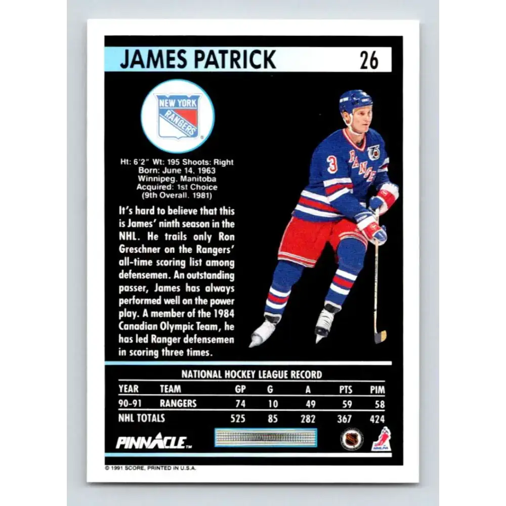 1991-92 Pinnacle #26 James Patrick NM-MT New York Rangers Hockey Card - Hockey Card Single