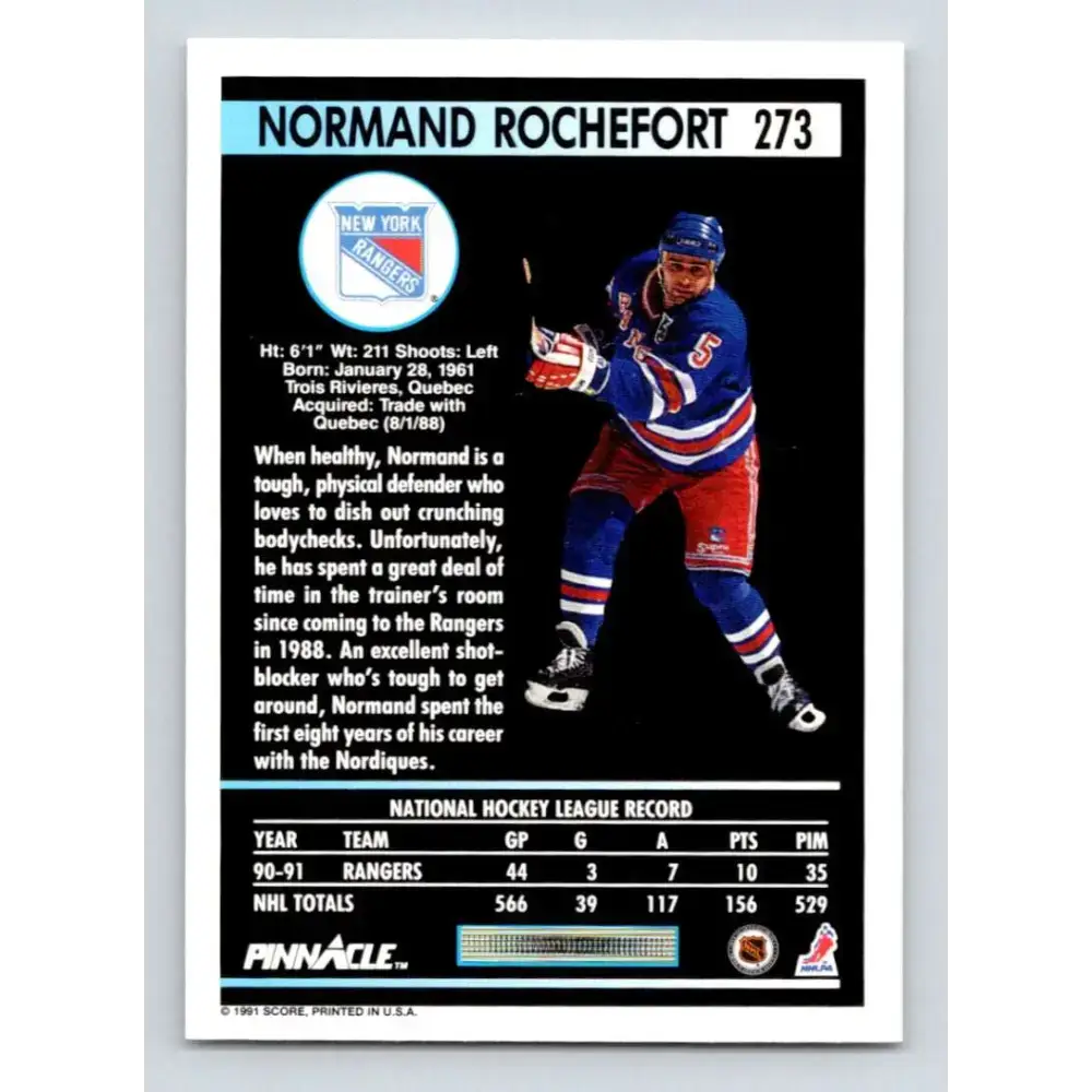 1991-92 Pinnacle #273 Normand Rochefort NM-MT New York Rangers Hockey Card - Hockey Card Single