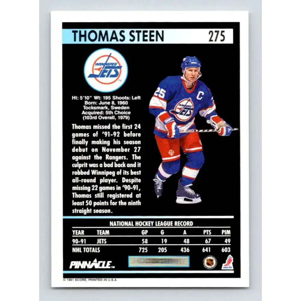 1991-92 Pinnacle #275 Thomas Steen NM-MT Winnipeg Jets Hockey Card - Hockey Card Single