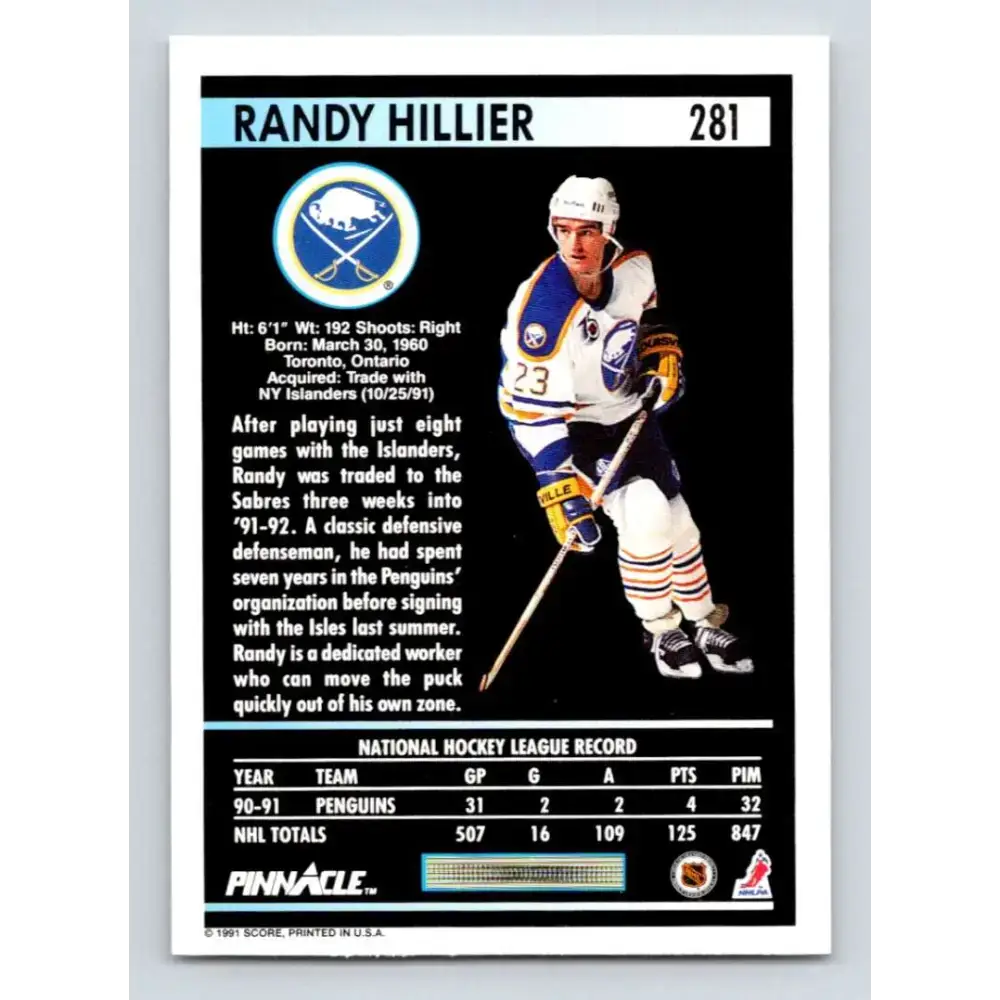1991-92 Pinnacle #281 Randy Hillier NM-MT Buffalo Sabres Hockey Card - Hockey Card Single