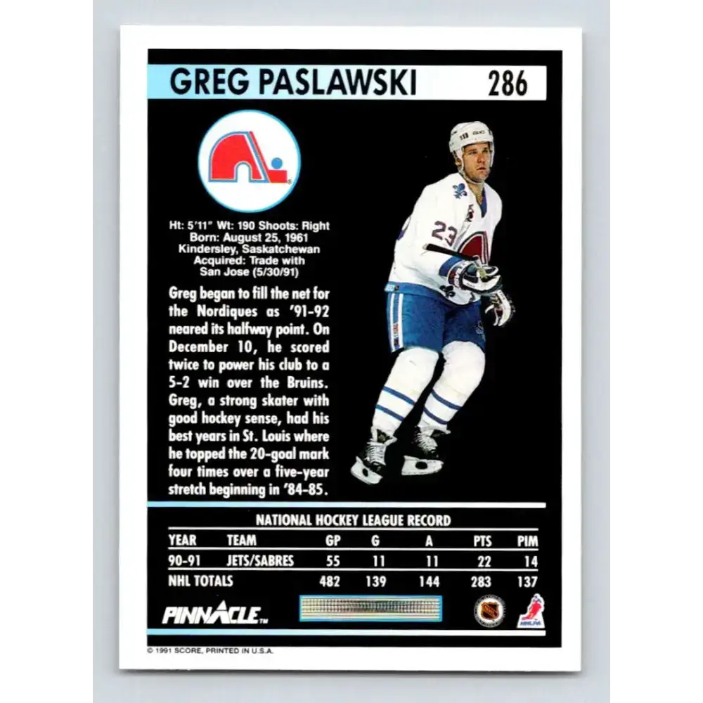 1991-92 Pinnacle #286 Greg Paslawski NM-MT Quebec Nordiques Hockey Card - Hockey Card Single