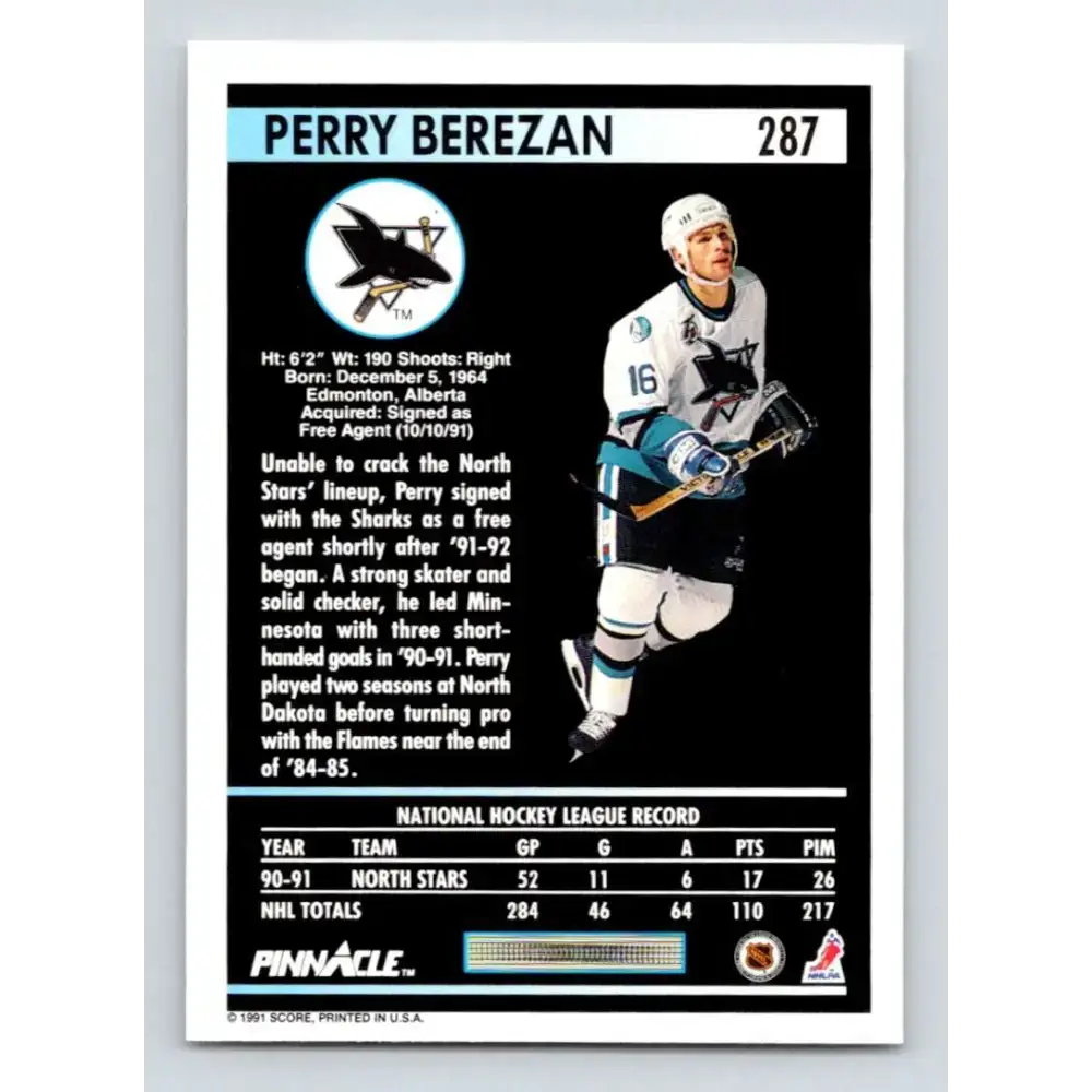 1991-92 Pinnacle #287 Perry Berezan NM-MT San Jose Sharks Hockey Card - Hockey Card Single