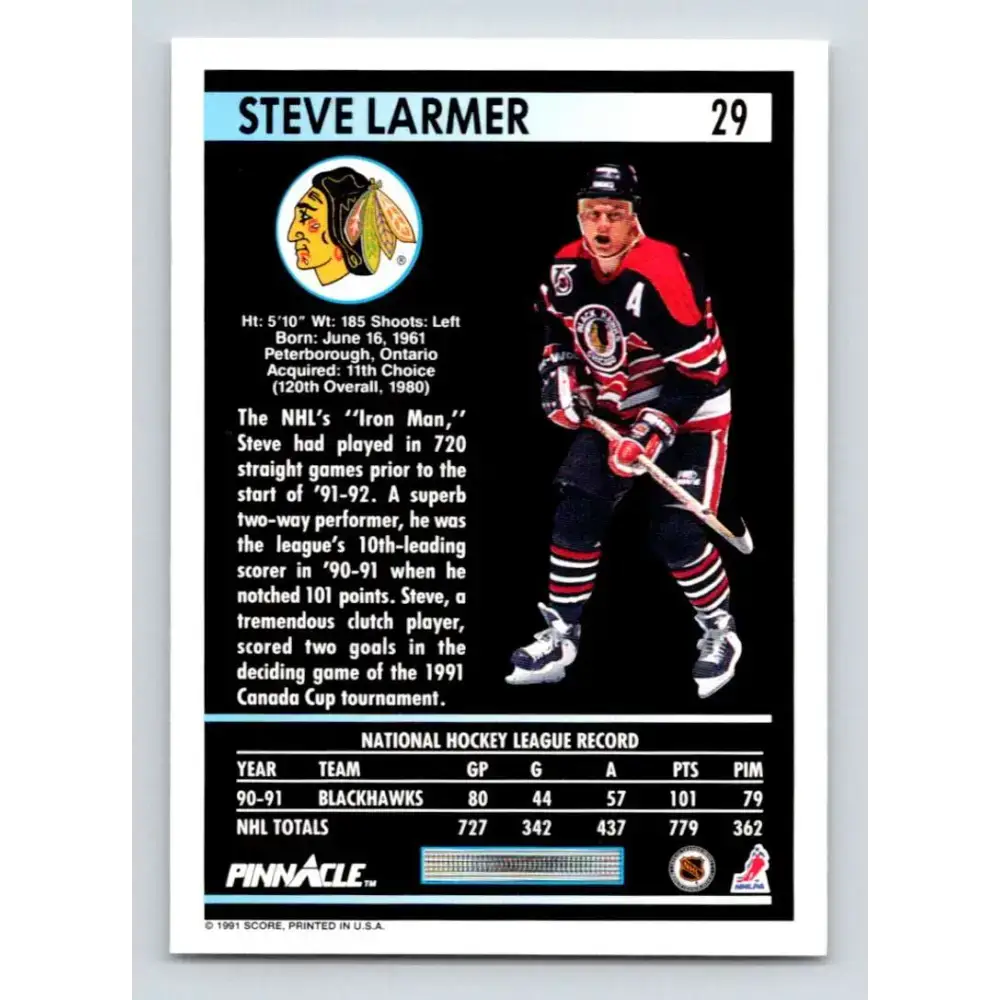 1991-92 Pinnacle #29 Steve Larmer NM-MT Chicago Blackhawks Hockey Card - Hockey Card Single