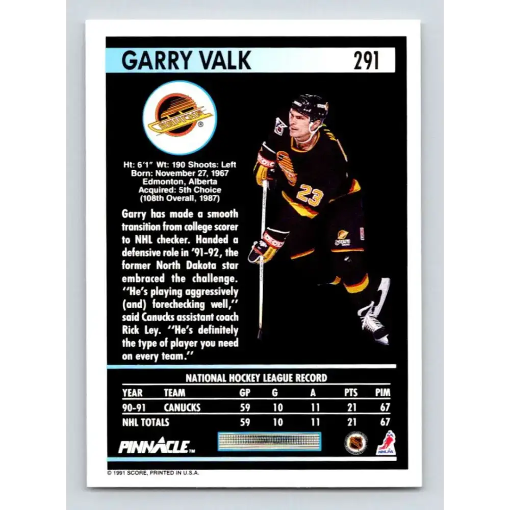 1991-92 Pinnacle #291 Garry Valk NM-MT Vancouver Canucks Hockey Card - Hockey Card Single