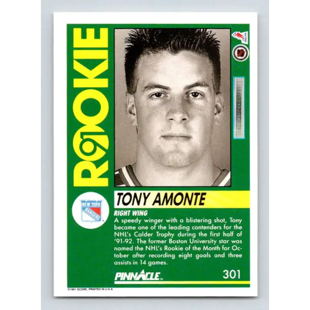 1991-92 Pinnacle #301 Tony Amonte NM-MT RC Rookie New York Rangers Hockey Card - Hockey Card Single