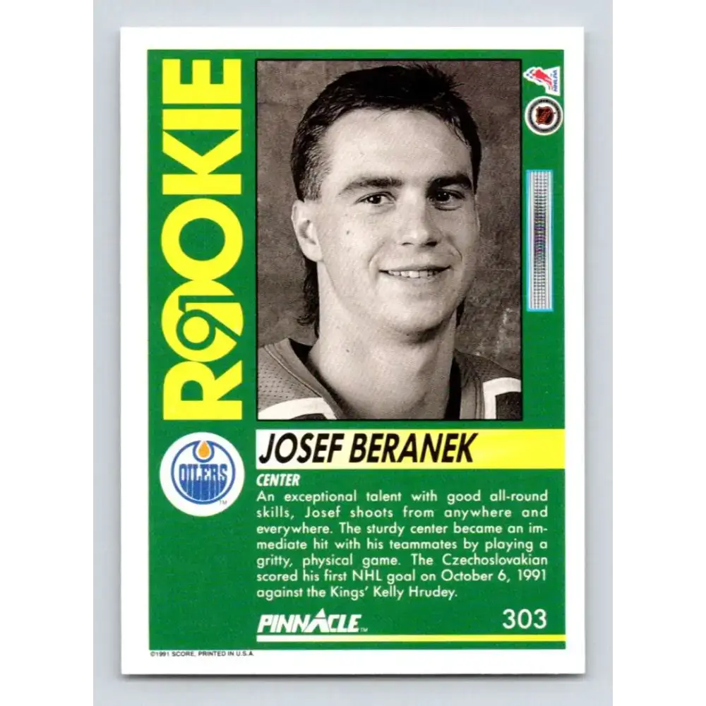 1991-92 Pinnacle #303 Josef Beranek NM-MT RC Rookie Edmonton Oilers Hockey Card - Hockey Card Single