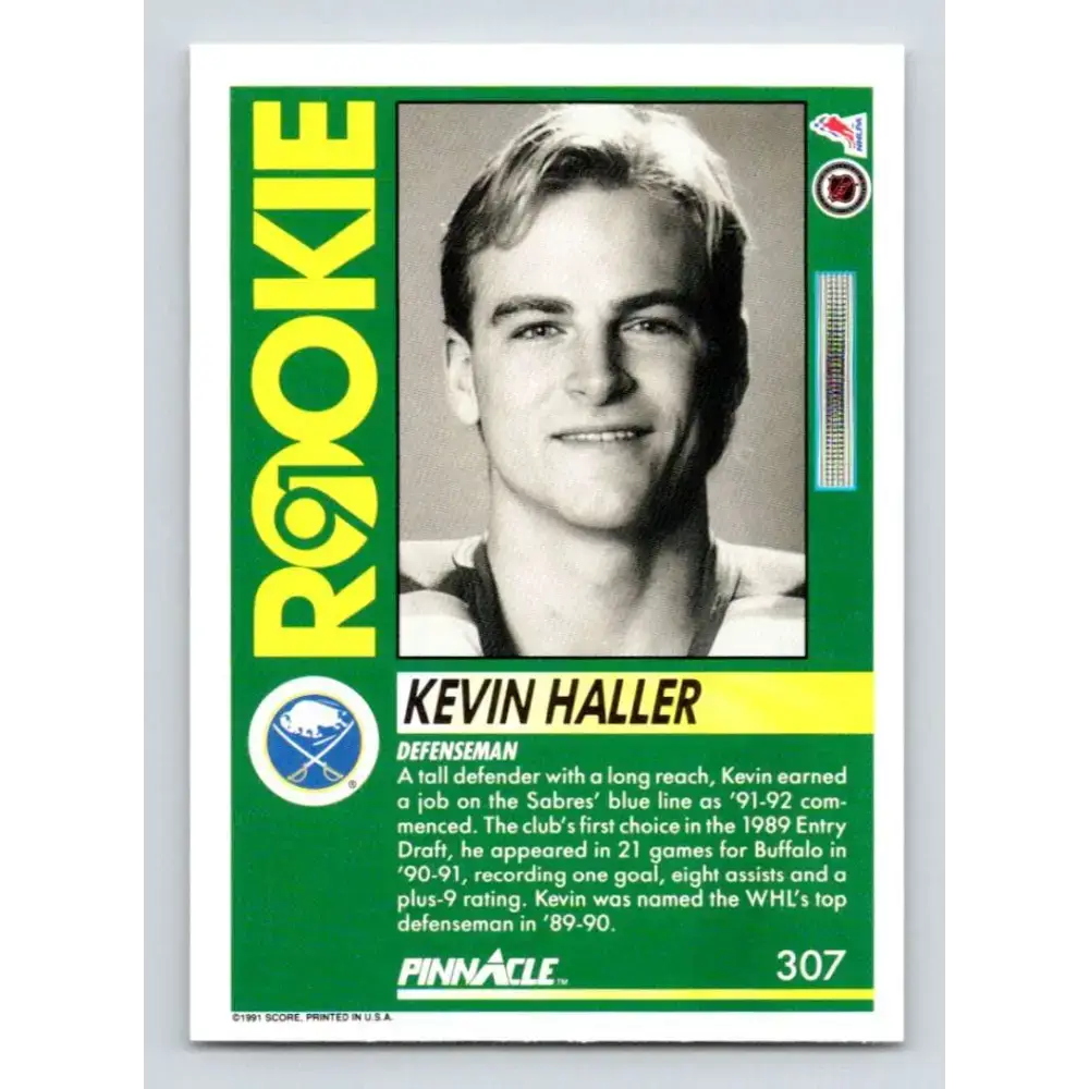 1991-92 Pinnacle #307 Kevin Haller NM-MT RC Rookie Buffalo Sabres Hockey Card - Hockey Card Single
