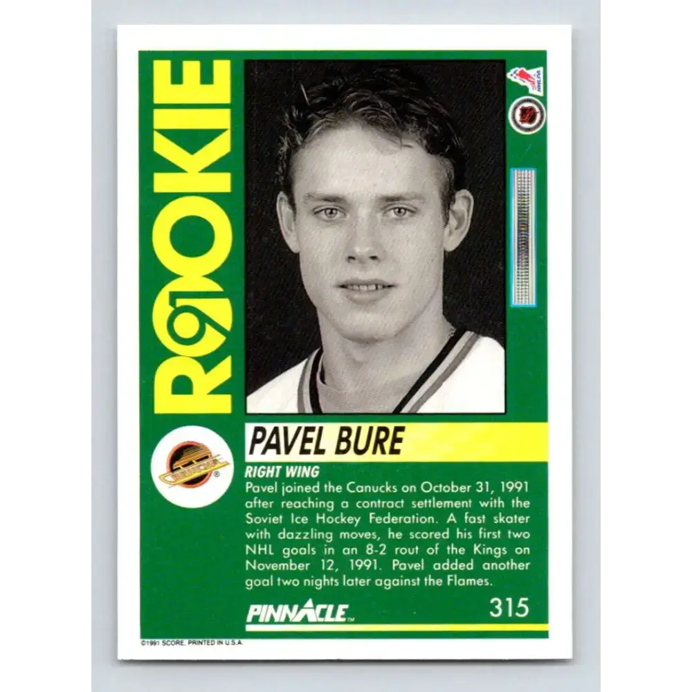 1991-92 Pinnacle #315 Pavel Bure NM-MT Vancouver Canucks Hockey Card - Hockey Card Single