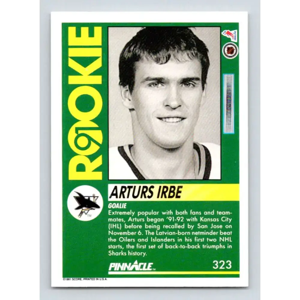 1991-92 Pinnacle #323 Arturs Irbe NM-MT San Jose Sharks Hockey Card - Hockey Card Single