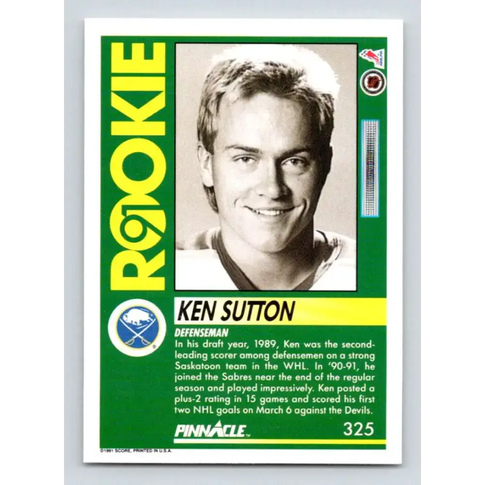 1991-92 Pinnacle #325 Ken Sutton NM-MT RC Rookie Buffalo Sabres Hockey Card - Hockey Card Single