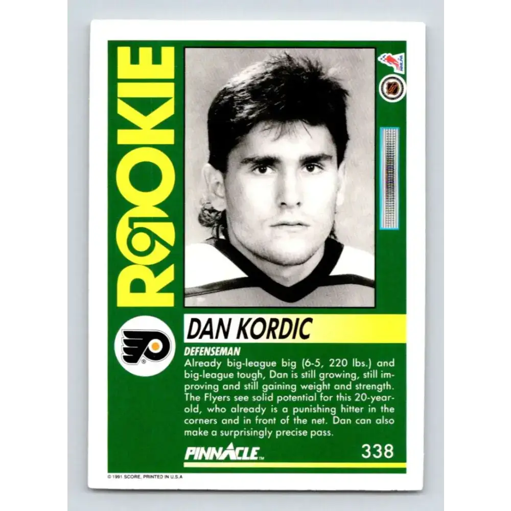 1991-92 Pinnacle #338 Dan Kordic NM-MT RC Rookie Philadelphia Flyers Hockey Card - Hockey Card Single