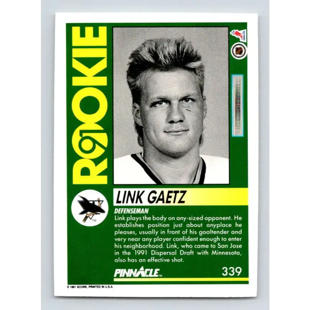 1991-92 Pinnacle #339 Link Gaetz NM-MT San Jose Sharks Hockey Card - Hockey Card Single