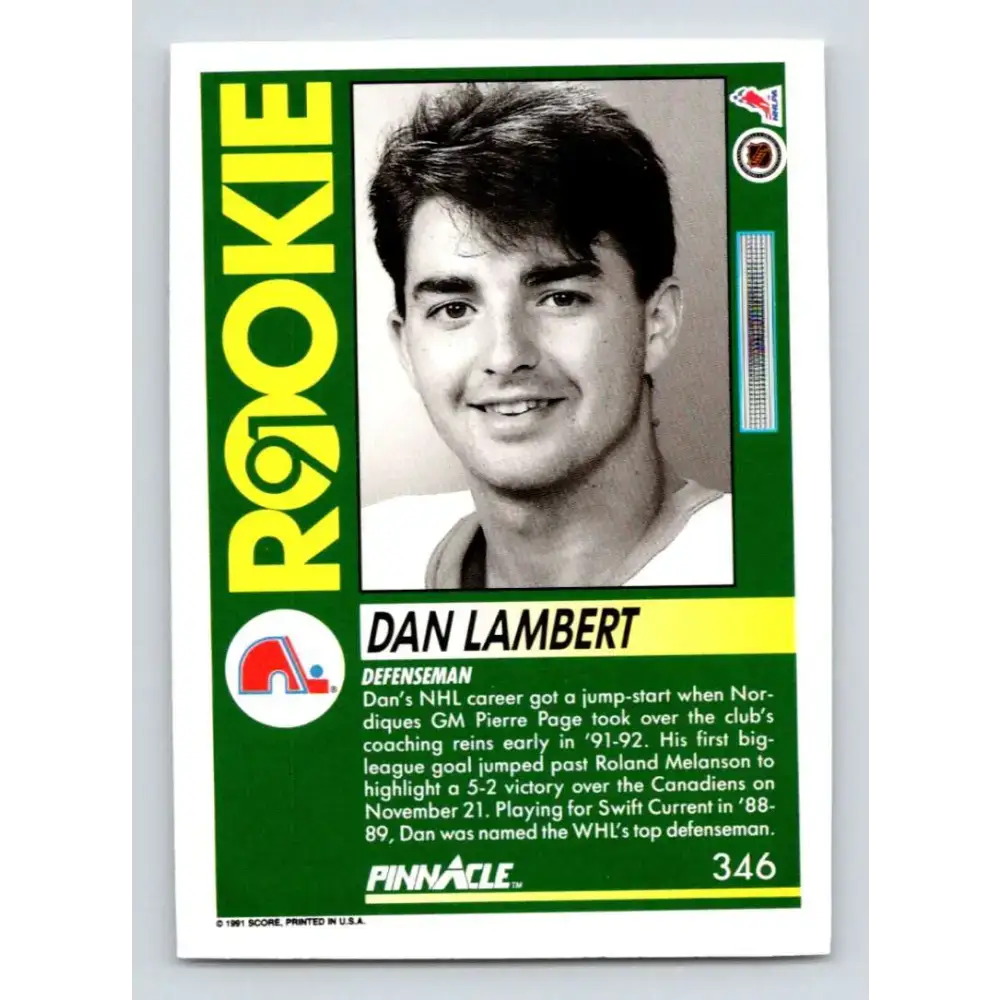 1991-92 Pinnacle #346 Dan Lambert NM-MT RC Rookie Quebec Nordiques Hockey Card - Hockey Card Single