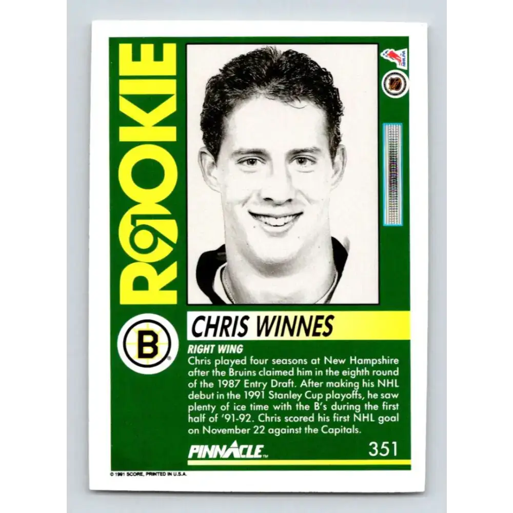 1991-92 Pinnacle #351 Chris Winnes NM-MT RC Rookie Boston Bruins Hockey Card - Hockey Card Single