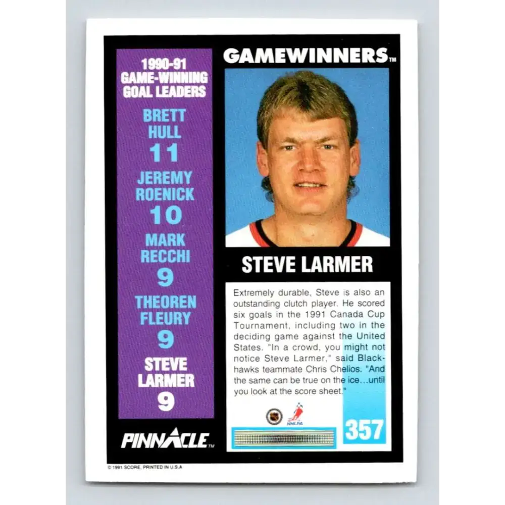 1991-92 Pinnacle #357 Steve Larmer NM-MT Chicago Blackhawks Hockey Card - Hockey Card Single