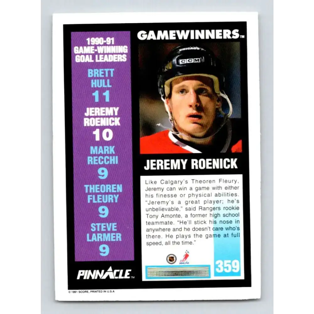1991-92 Pinnacle #359 Jeremy Roenick NM-MT Chicago Blackhawks Hockey Card - Hockey Card Single