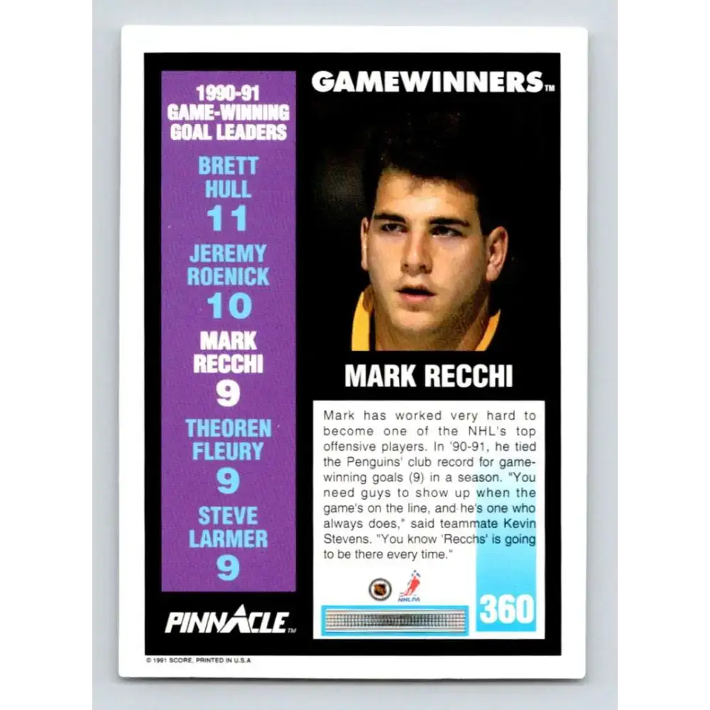 1991-92 Pinnacle #360 Mark Recchi NM-MT Pittsburgh Penguins Hockey Card - Hockey Card Single