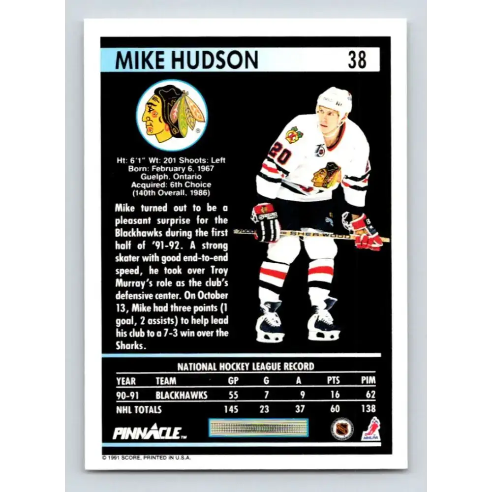 1991-92 Pinnacle #38 Mike Hudson NM-MT Chicago Blackhawks Hockey Card - Hockey Card Single
