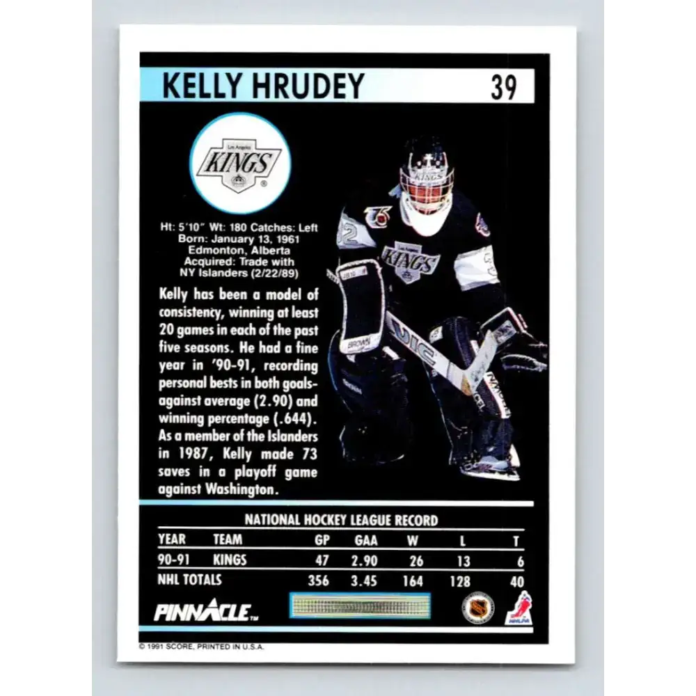 1991-92 Pinnacle #39 Kelly Hrudey NM-MT Los Angeles Kings Hockey Card - Hockey Card Single