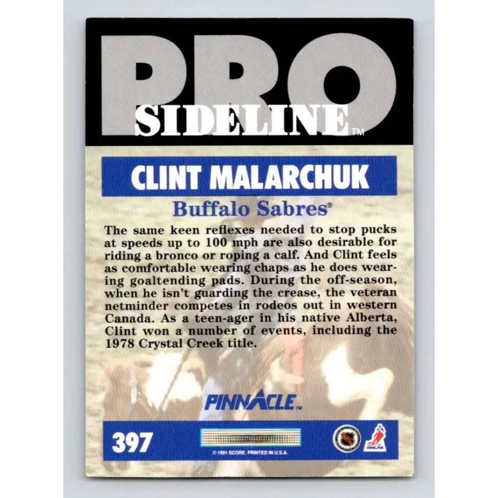 1991-92 Pinnacle #397 Clint Malarchuk SL NM-MT Buffalo Sabres Hockey Card - Hockey Card Single