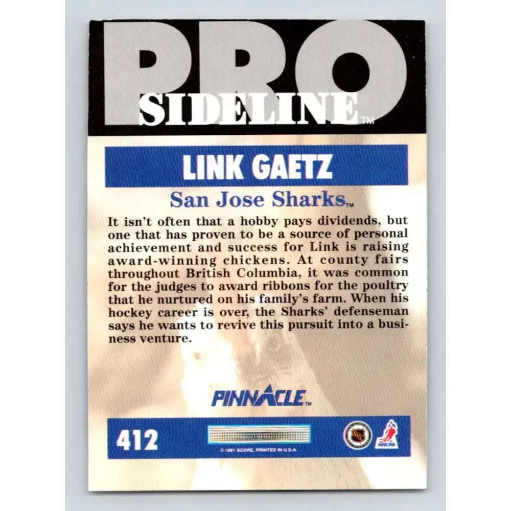 1991-92 Pinnacle #412 Link Gaetz SL NM-MT San Jose Sharks Hockey Card - Hockey Card Single
