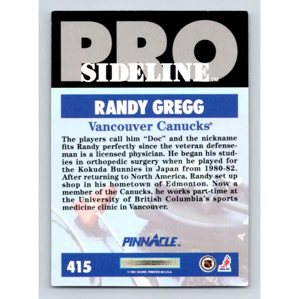 1991-92 Pinnacle #415 Randy Gregg SL NM-MT Vancouver Canucks Hockey Card - Hockey Card Single