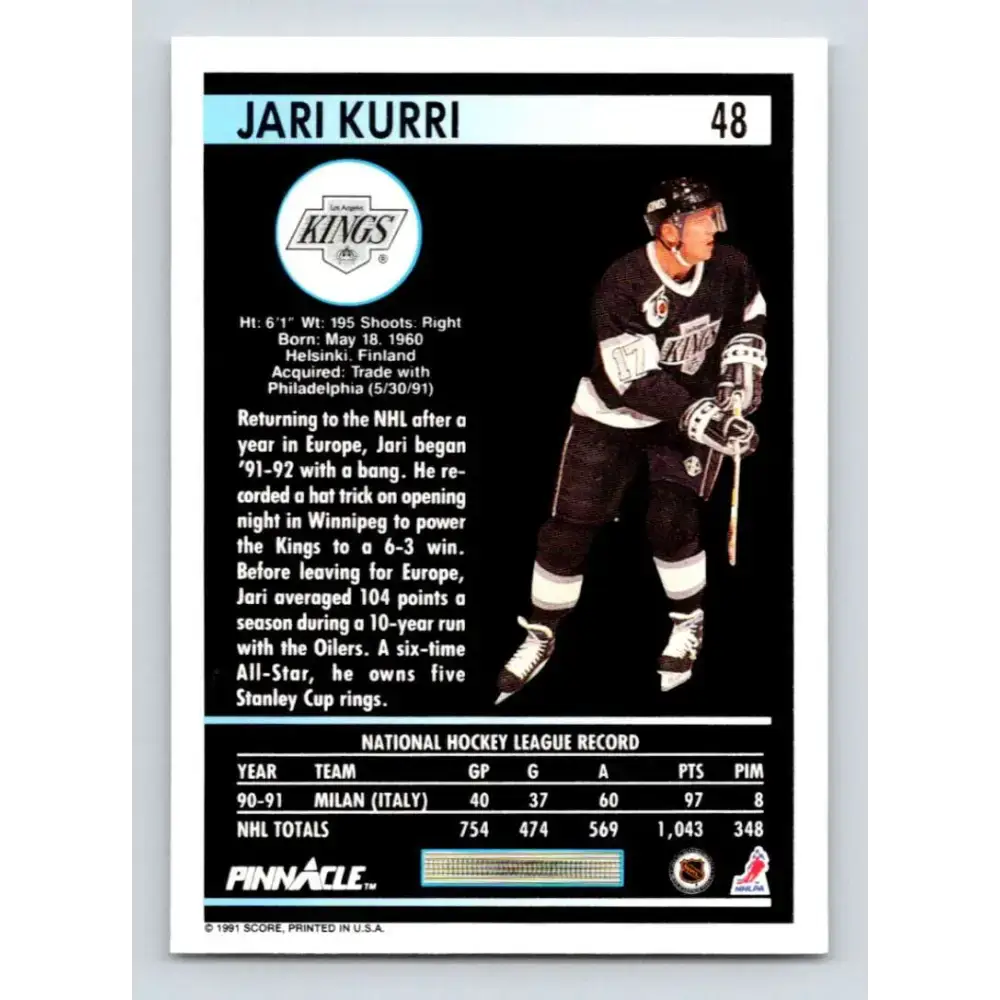 1991-92 Pinnacle #48 Jari Kurri NM-MT Los Angeles Kings Hockey Card - Hockey Card Single