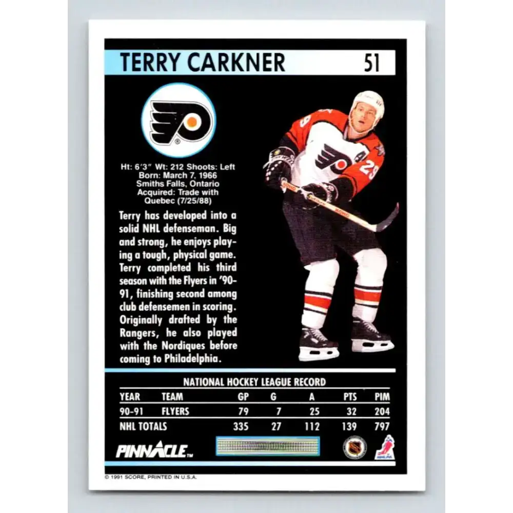 1991-92 Pinnacle #51 Terry Carkner NM-MT Philadelphia Flyers Hockey Card - Hockey Card Single
