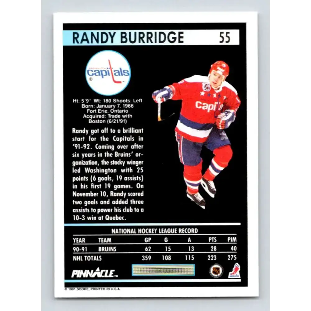 1991-92 Pinnacle #55 Randy Burridge NM-MT Washington Capitals Hockey Card - Hockey Card Single