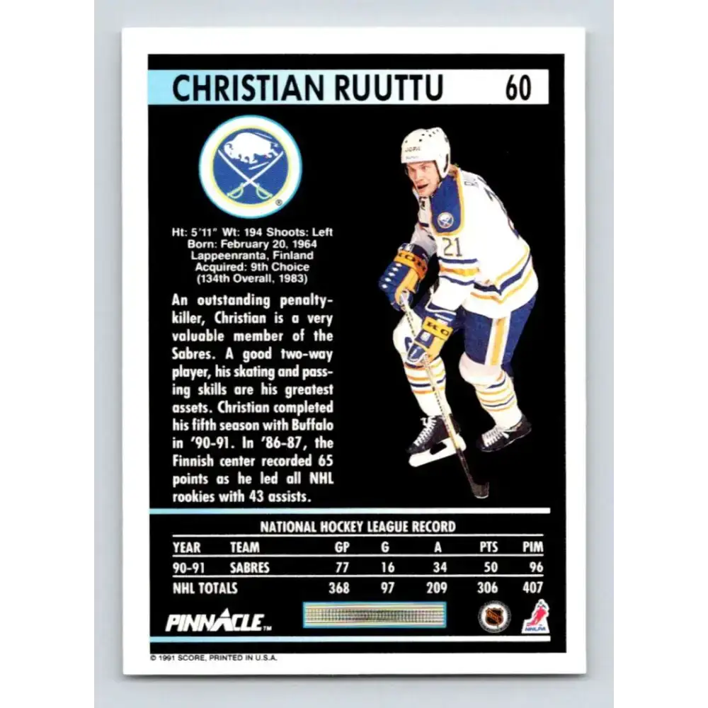 1991-92 Pinnacle #60 Christian Ruuttu NM-MT Buffalo Sabres Hockey Card - Hockey Card Single