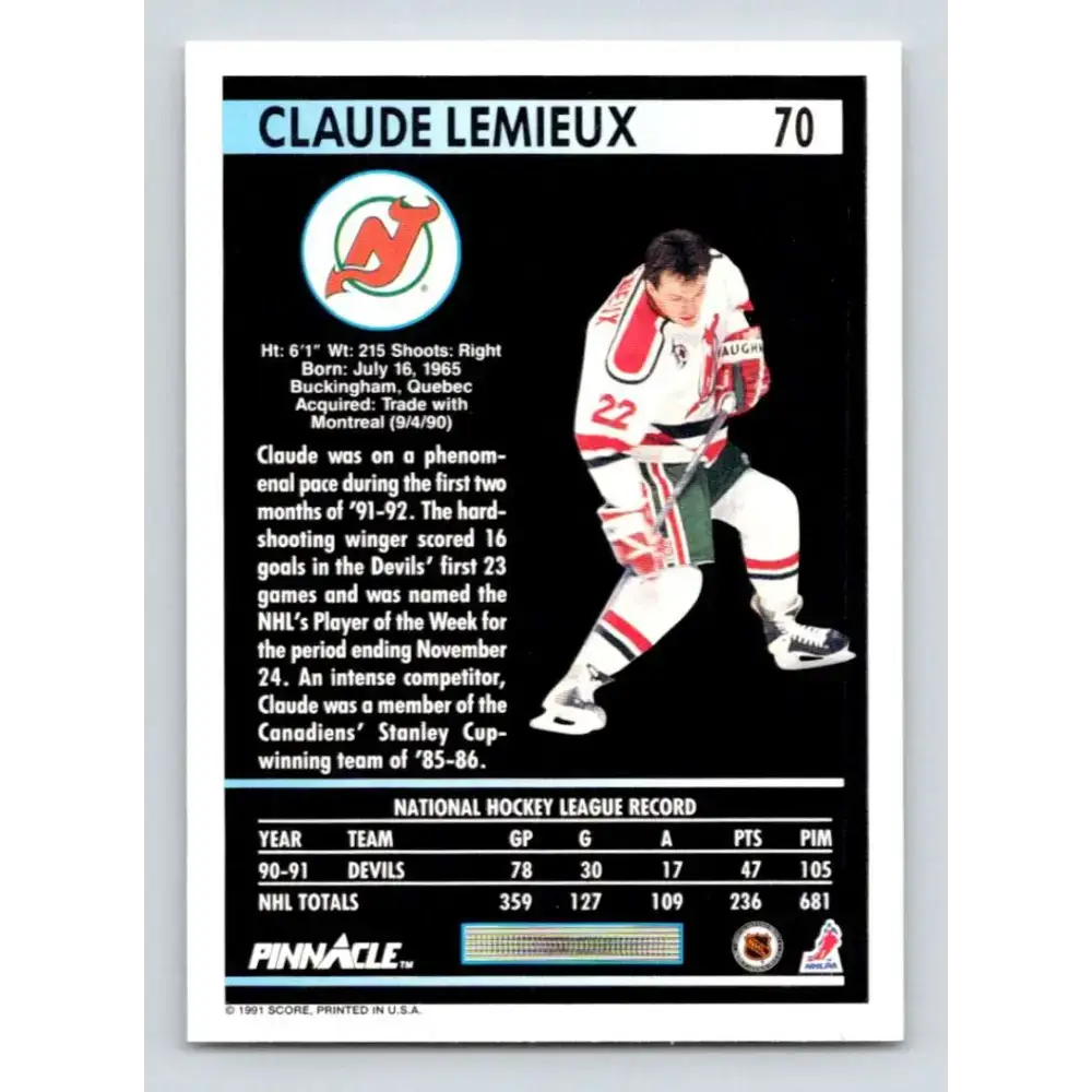1991-92 Pinnacle #70 Claude Lemieux NM-MT New Jersey Devils Hockey Card - Hockey Card Single