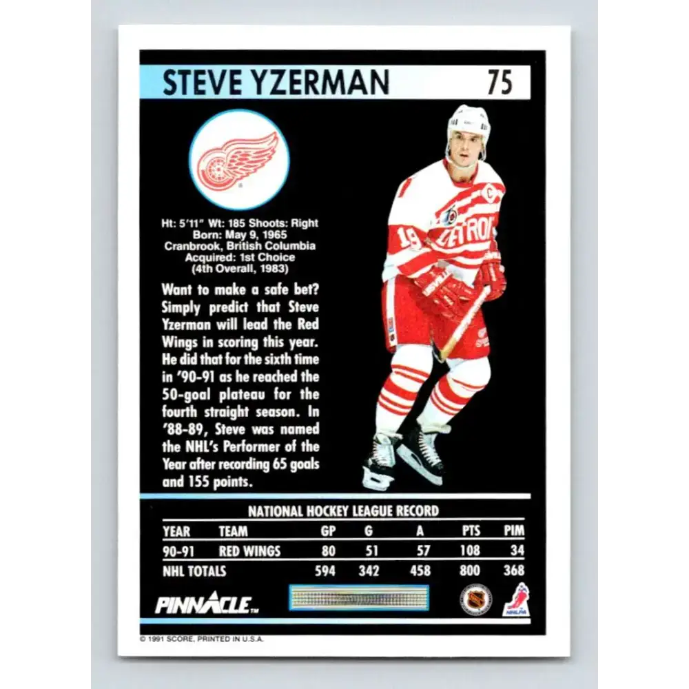 1991-92 Pinnacle #75 Steve Yzerman NM-MT Detroit Red Wings Hockey Card - Hockey Card Single
