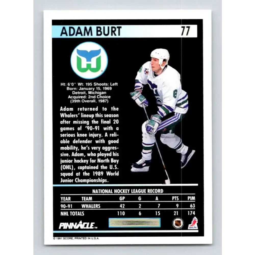 1991-92 Pinnacle #77 Adam Burt NM-MT Hartford Whalers Hockey Card - Hockey Card Single