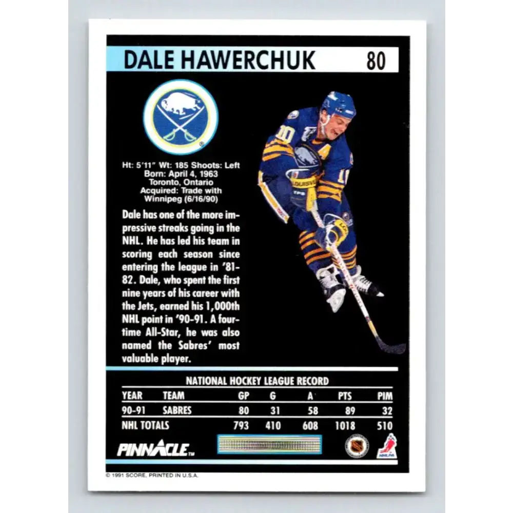 1991-92 Pinnacle #80 Dale Hawerchuk NM-MT Buffalo Sabres Hockey Card - Hockey Card Single