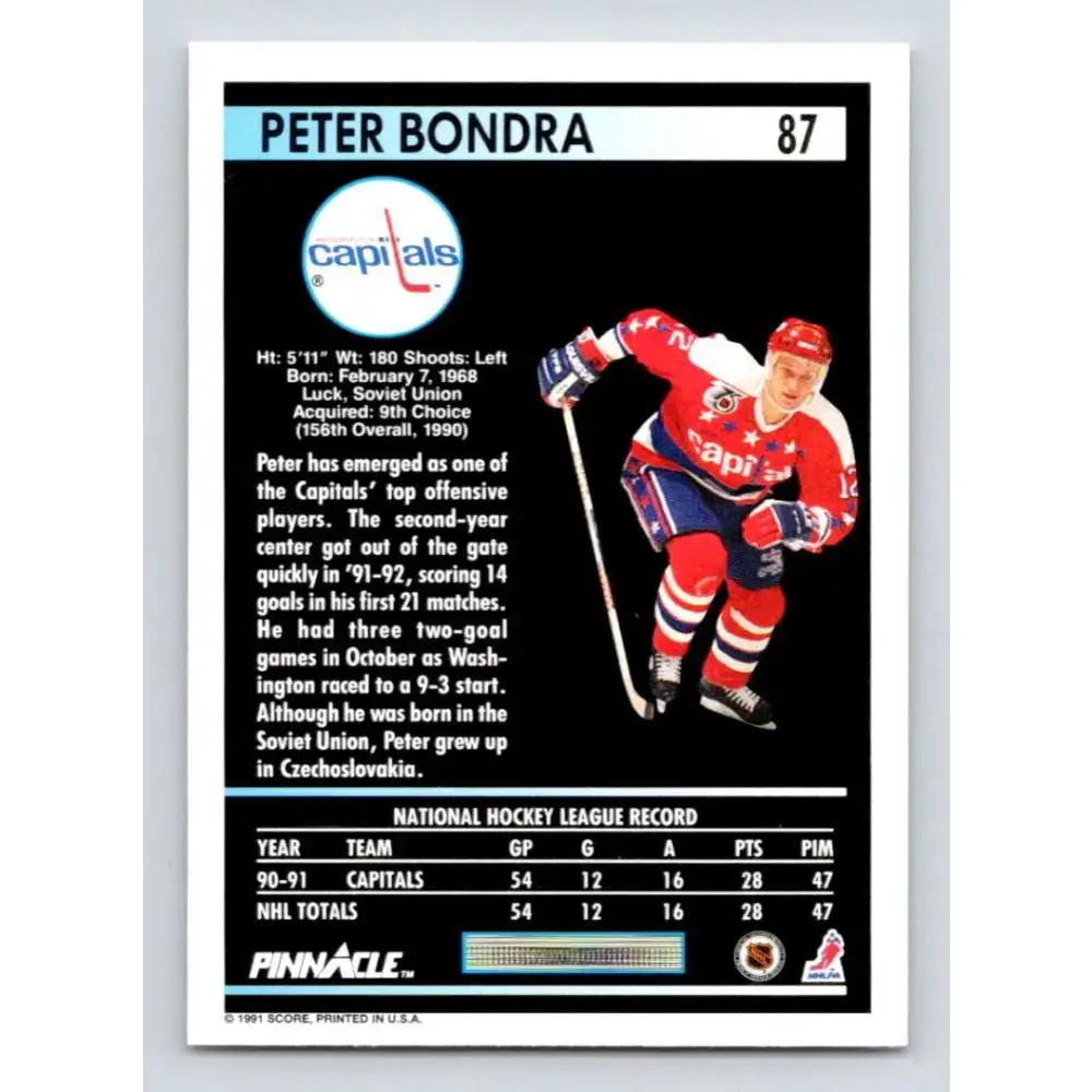 1991-92 Pinnacle #87 Peter Bondra NM-MT Washington Capitals Hockey Card - Hockey Card Single