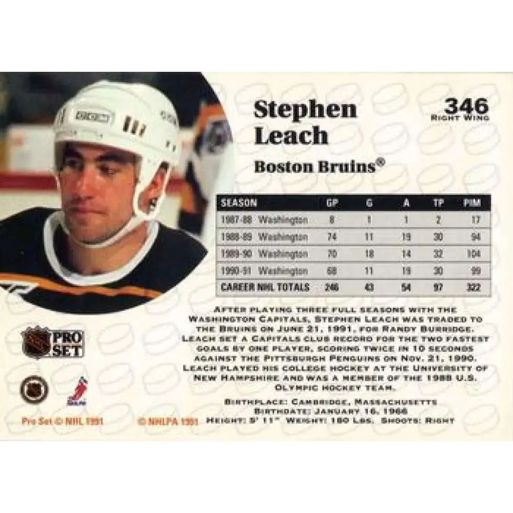 1991-92 Pro Set #346 Stephen Leach NM-MT Boston Bruins Hockey Card - Hockey Card Single