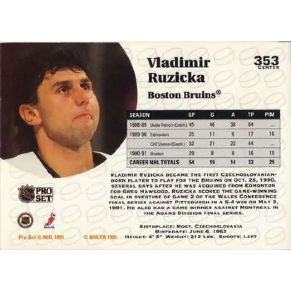 1991-92 Pro Set #353 Vladimir Ruzicka NM-MT Boston Bruins Hockey Card - Hockey Card Single