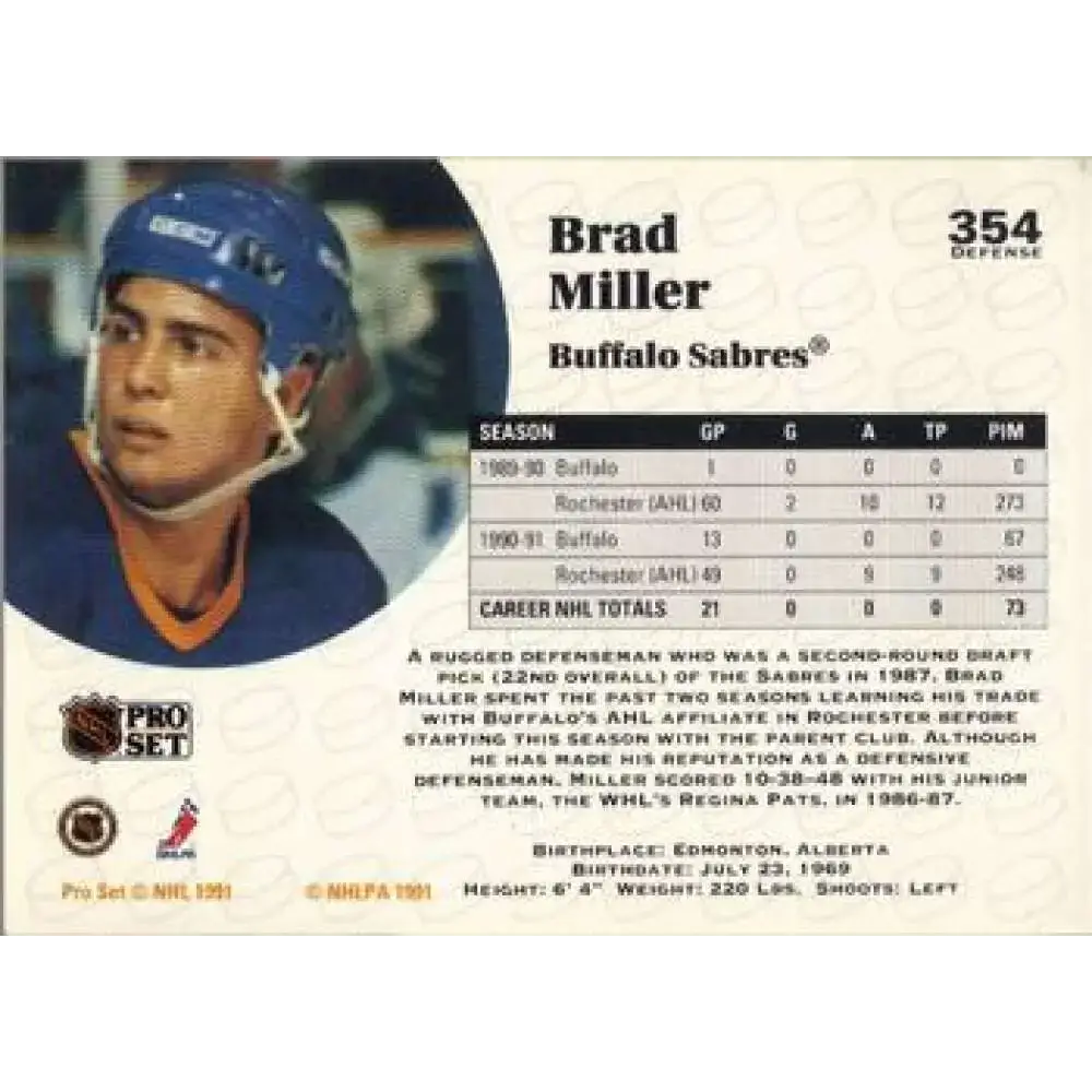 1991-92 Pro Set #354 Brad Miller NM-MT Buffalo Sabres Hockey Card - Hockey Card Single