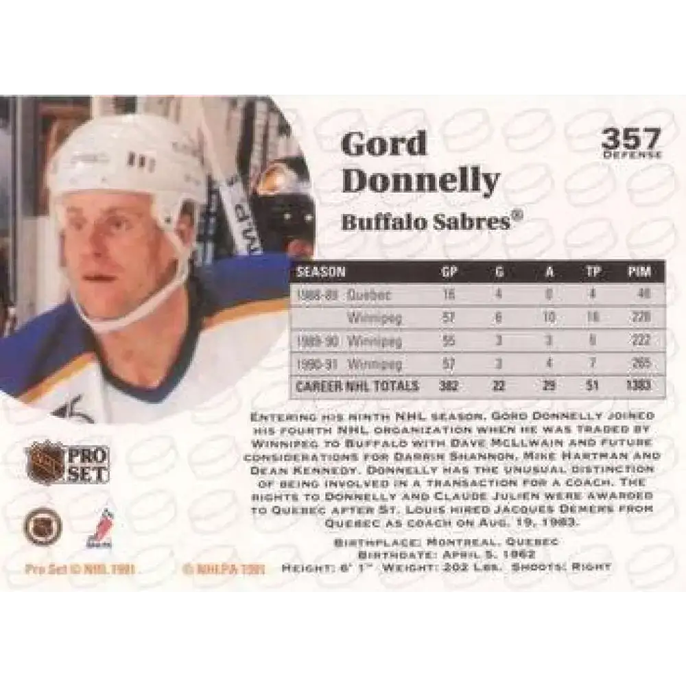 1991-92 Pro Set #357 Gord Donnelly NM-MT Buffalo Sabres Hockey Card - Hockey Card Single