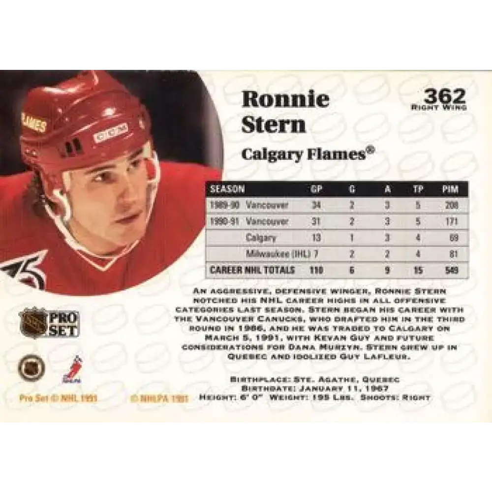 1991-92 Pro Set #362 Ronnie Stern NM-MT Calgary Flames Hockey Card - Hockey Card Single