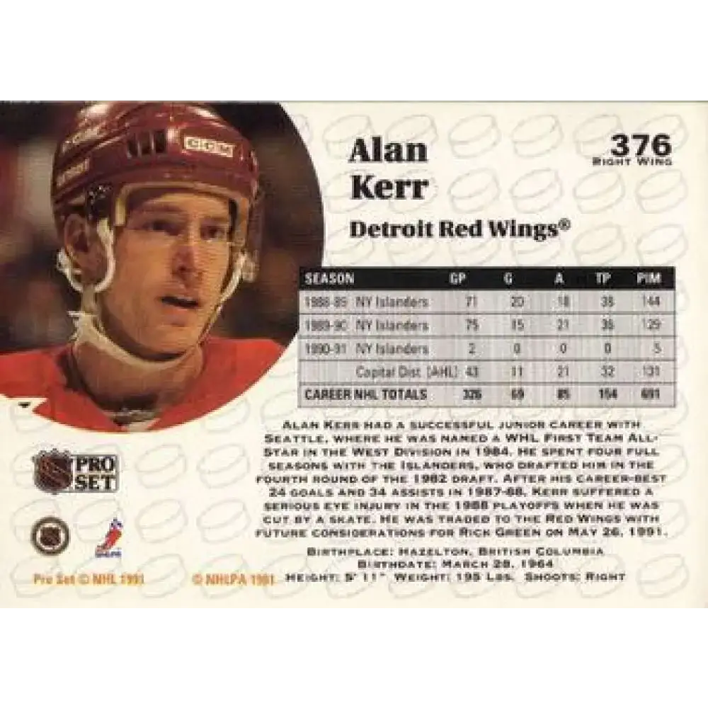 1991-92 Pro Set #376 Alan Kerr NM-MT Detroit Red Wings Hockey Card - Hockey Card Single