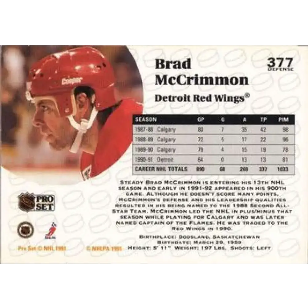 1991-92 Pro Set #377 Brad McCrimmon NM-MT Detroit Red Wings Hockey Card - Hockey Card Single