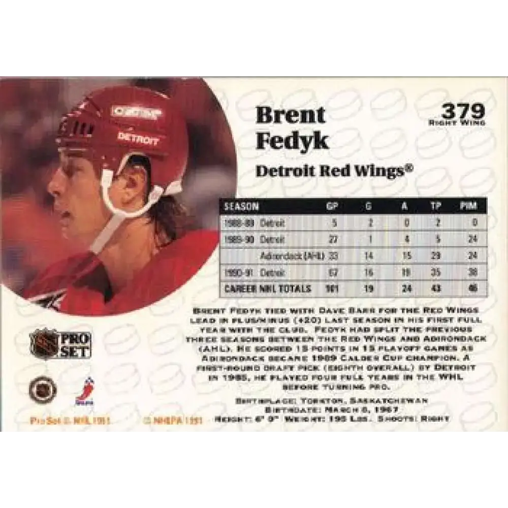 1991-92 Pro Set #379 Brent Fedyk NM-MT Detroit Red Wings Hockey Card - Hockey Card Single