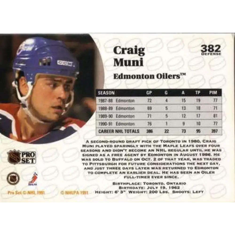 1991-92 Pro Set #382 Craig Muni NM-MT Edmonton Oilers Hockey Card - Hockey Card Single